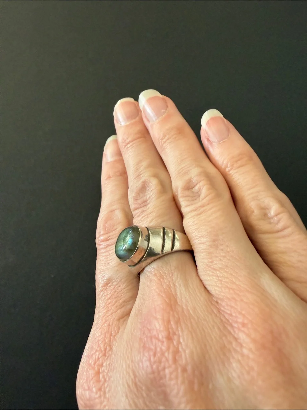 Vintage Silver Oval Labradorite Ring With Green Flash Size 8.5